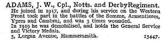Adams J W Cpl Notts And Derby Regiment