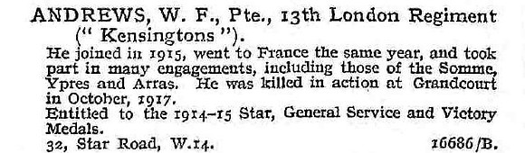Andrews W F Pte 13th London Regiment