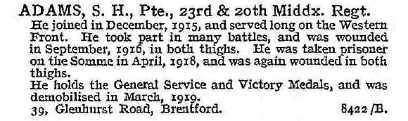 Adams S H Pte 23rd And 20th Middlesex Regiment