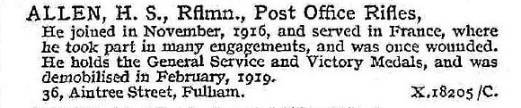 Allen H S Rfn 8th London Regiment