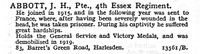 Abbott J H Pte 4th Essex Regiment 83, Barret's Green Road, Harlesden, London.