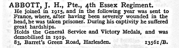 Abbott J H Pte 4th Essex Regiment 83, Barret's Green Road, Harlesden, London.