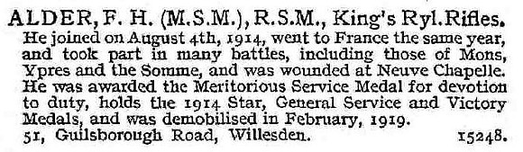 Alder F H RSM MSM King's Royal Rifle Corps