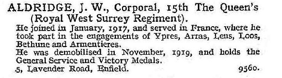 Aldrisge J W Cpl 15th Queens Royal West Surrey Regiment