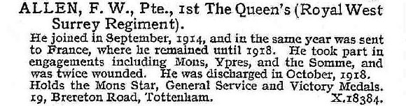 Allen F W Pte 1st Queens Royal West Surrey Regiment