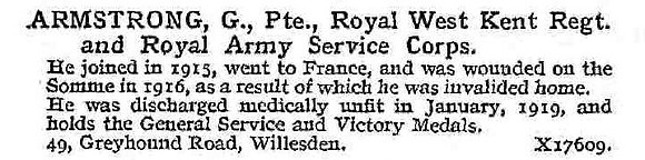 Armstrong G Pte Royal West Kent Regiment And Army Service Corps