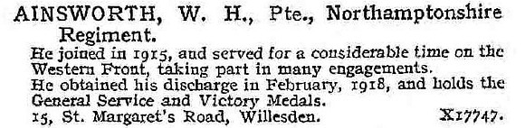 Ainsworth W H Pte Northamptonshire Regiment