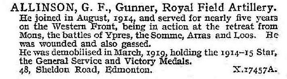 Allinson G F Gnr Royal Field Artillery