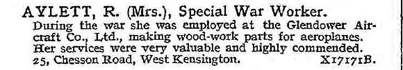 Aylett R Mrs Special War Worker