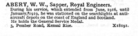 Abery W W Sapper Royal Engineers 3, Pember Road, Kensal Rise, London.