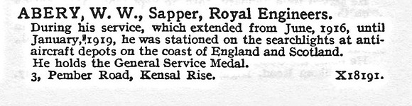 Abery W W Sapper Royal Engineers 3, Pember Road, Kensal Rise, London.