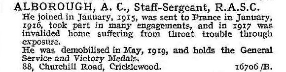 Alborough A C Staff Sergeant Army Service Corps
