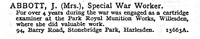 Abbott J Mrs Munitions Worker 94, Barry Road, Stonebridge Park, Harlesden, London.