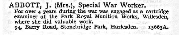 Abbott J Mrs Munitions Worker 94, Barry Road, Stonebridge Park, Harlesden, London.