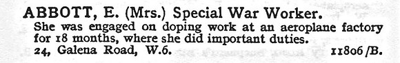 Abbott E Mrs Special War Worker 24, Galena Road, London, W6.