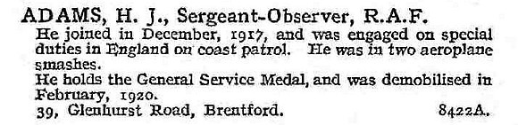 Adams H J Sergt Obs Royal Air Force