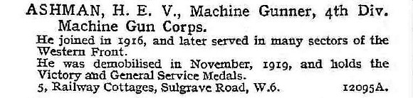 Ashman H E V Machine Gunner Machine Gun Corps
