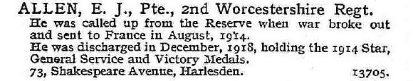 Allen E J Pte 2nd Worcestershire Regiment