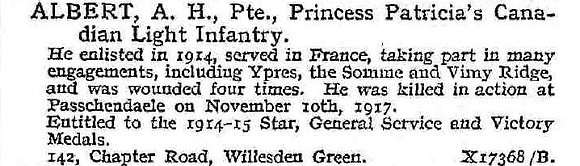 Albert A H Pte Princess Patricia's Canadian Light Infantry
