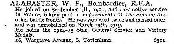 Alabaster W P Bmdr Royal Field Artillery