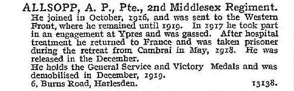 Allsopp A P Pte 2nd Middlesex Regiment