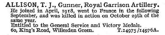 Allison T J Gnr Royal Garrison Artillery