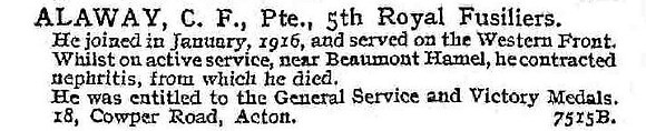 Alaway C F Pte 5th Royal Fusiliers