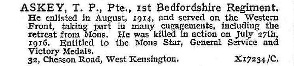 Askey T P Pte 1st Bedfordshire Regiment