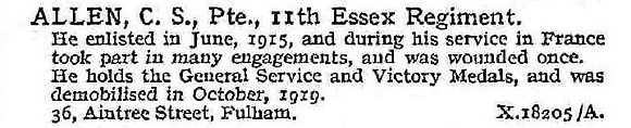 Allen C S Pte 11th Essex Regiment