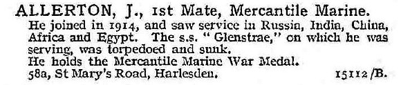 Allerton J 1st Mate SS Glenstrae Mercantile Marine