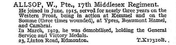 Allsop W Pte 17th Middlesex Regiment