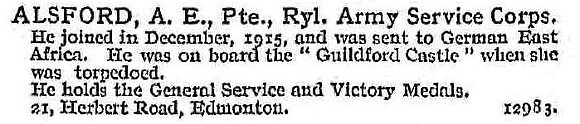 Alsford A E Pte Army Service Corps