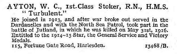 Ayton W C 1st Class Stoker HMS Turbulent Royal Navy