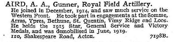 Aird A A Gnr Royal Field Artillery