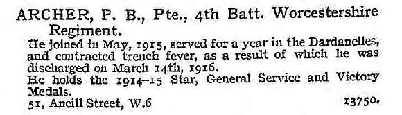 Archer P B Pte 4th Worcestershire Regiment