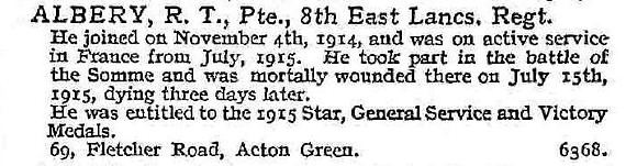 Albery R T Pte 8th East Lancs Regiment