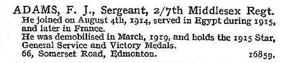 Adams F J Sergt 2/7th Middlesex Regiment