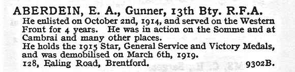 Aberdein E A Gnr Royal Field Artillery 128, Ealing Road, Brentford, London.