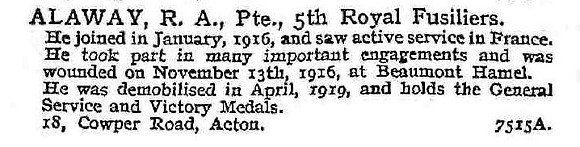 Alaway R A Pte 5th Royal Fusiliers