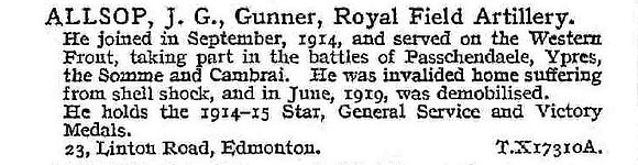 Allsopp J G Gnr Royal Field Artillery
