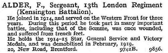 Alder F Sergt 13th London Regiment