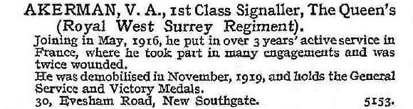 Akerman V A Sig Queen's Royal West Surrey Regiment