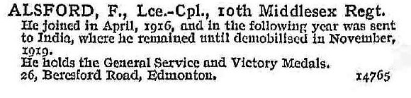 Alsford F L/Cpl 10th Middlesex Regiment