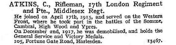 Atkins C Rfn 17th London Regiment And Middlesex Regiment