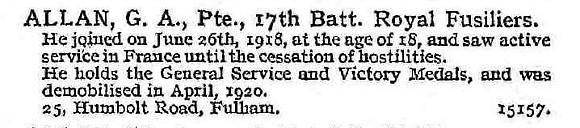 Allan G A Pte 17th Royal Fusiliers