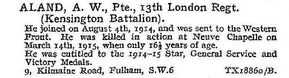 Aland A W Pte 13th London Regiment (Kensington)
