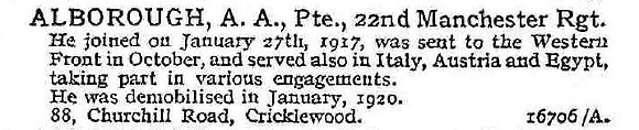 Alborough A A Pte 22nd Manchester Regiment