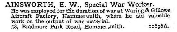 Ainsworth E W Special War Worker