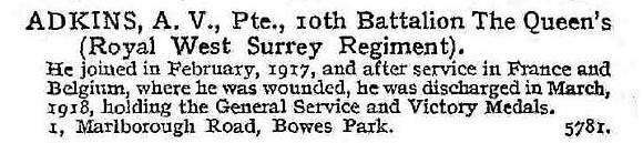 Adkins A V Pte 10th Queens Royal West Surrey Regiment
