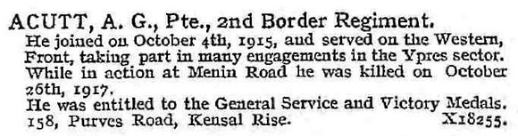 Acutt A G Pte 2nd Border Regiment 158, Purves Road, Kensal Rise.